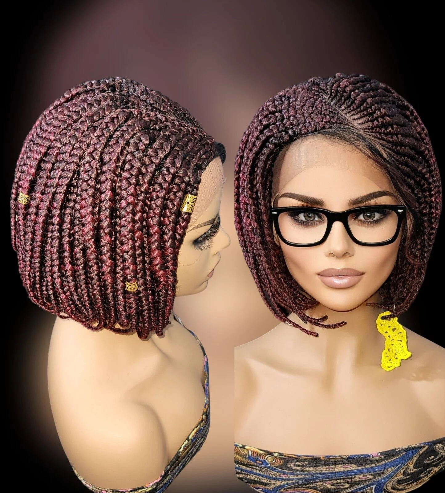 **Burgundy Mixed Braids Lace Wig with Baby Hair and Cornrow ** Short, Bob Style