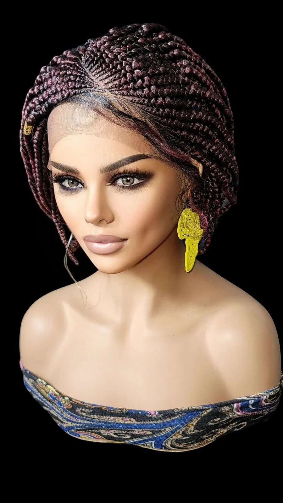 **Burgundy Mixed Braids Lace Wig with Baby Hair and Cornrow ** Short, Bob Style