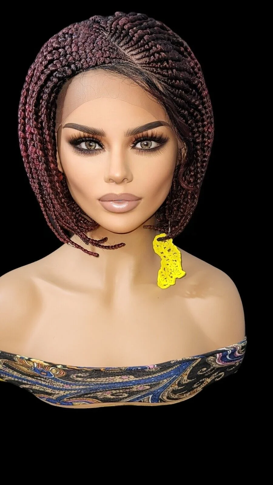 **Burgundy Mixed Braids Lace Wig with Baby Hair and Cornrow ** Short, Bob Style