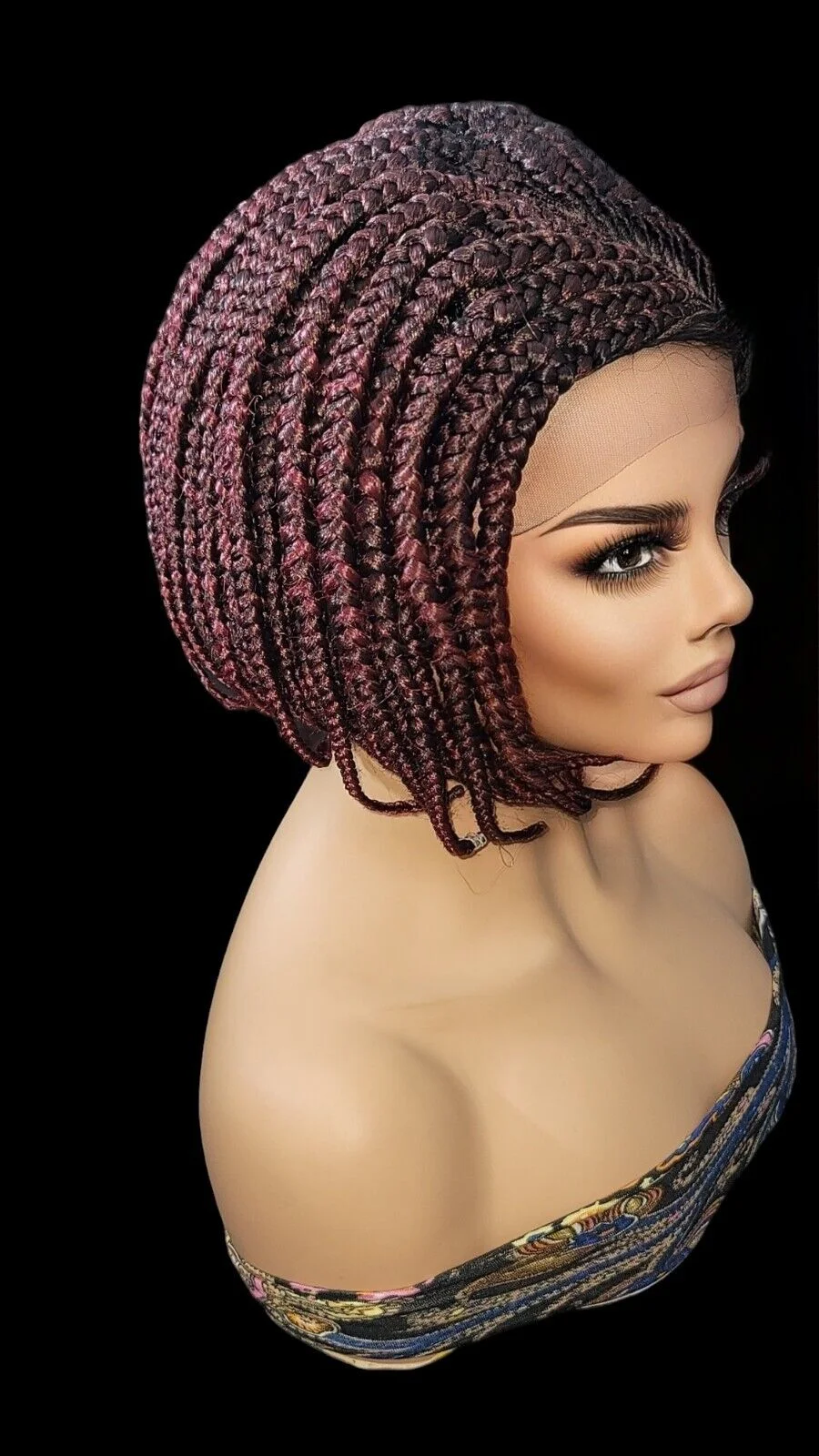 **Burgundy Mixed Braids Lace Wig with Baby Hair and Cornrow ** Short, Bob Style