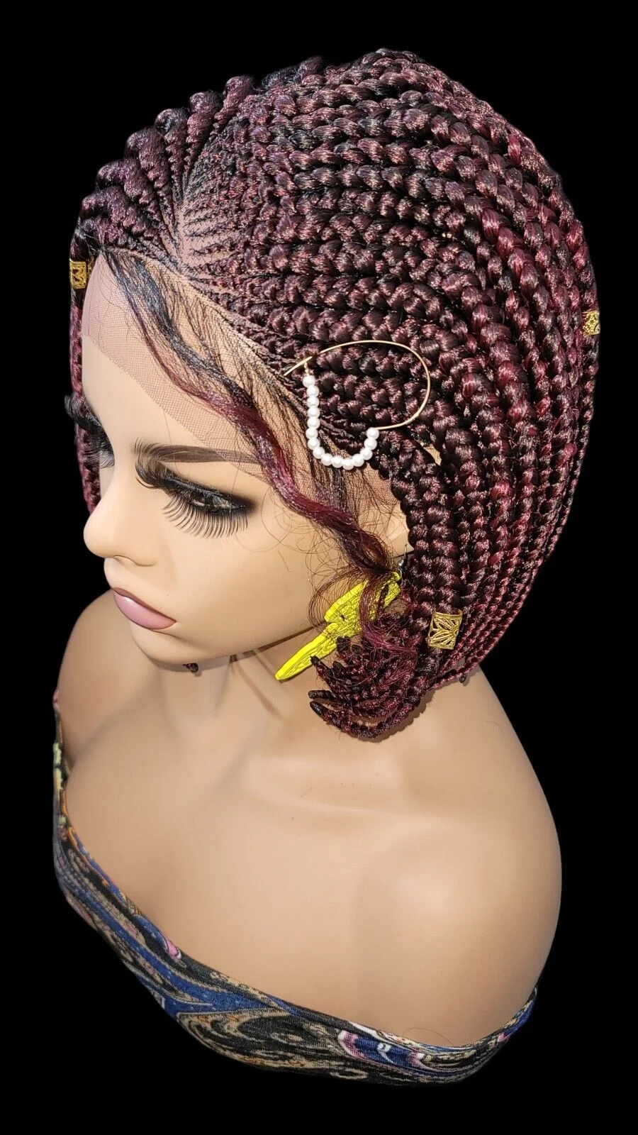 **Burgundy Mixed Braids Lace Wig with Baby Hair and Cornrow ** Short, Bob Style