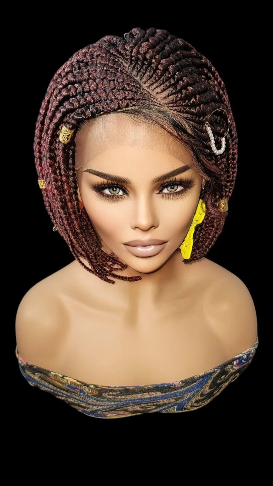 **Burgundy Mixed Braids Lace Wig with Baby Hair and Cornrow ** Short, Bob Style