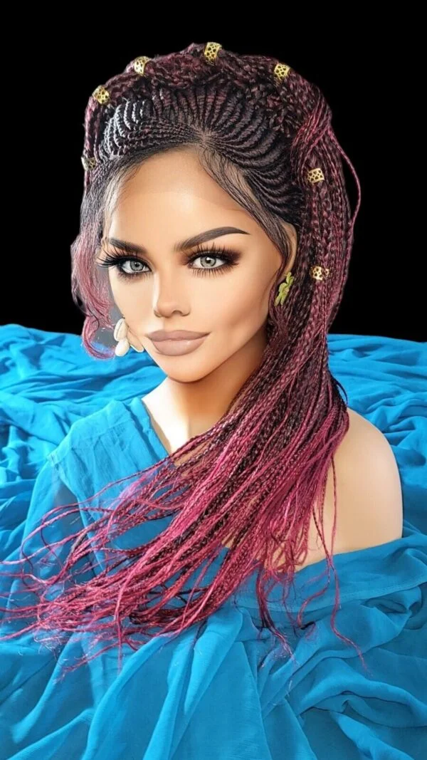 "Handcrafted Braided Wigs - Unique Red/Black Ombre Box Braid Lace Wigs" Long NWT