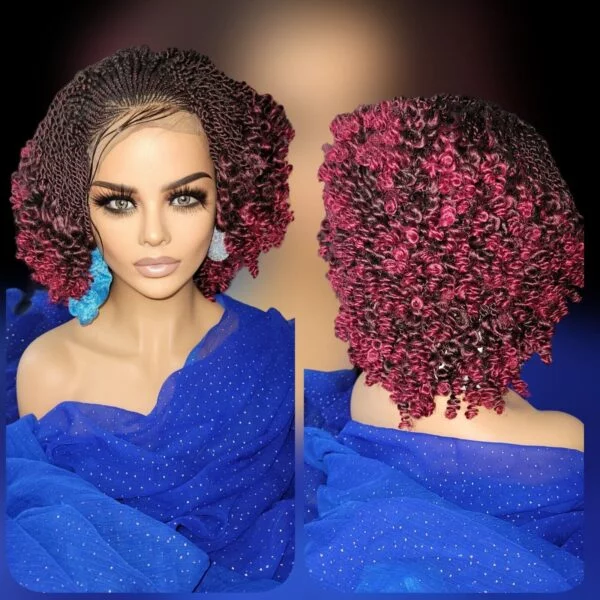 Short Kinky Twists, Ombre Red Wig Braided Wig Handmade Micro Millions Braids,