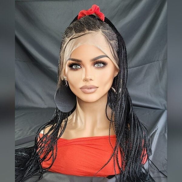 🎉 Braided Lace Front Wig: African-Inspired, Ombre Black Human-Synthetic,