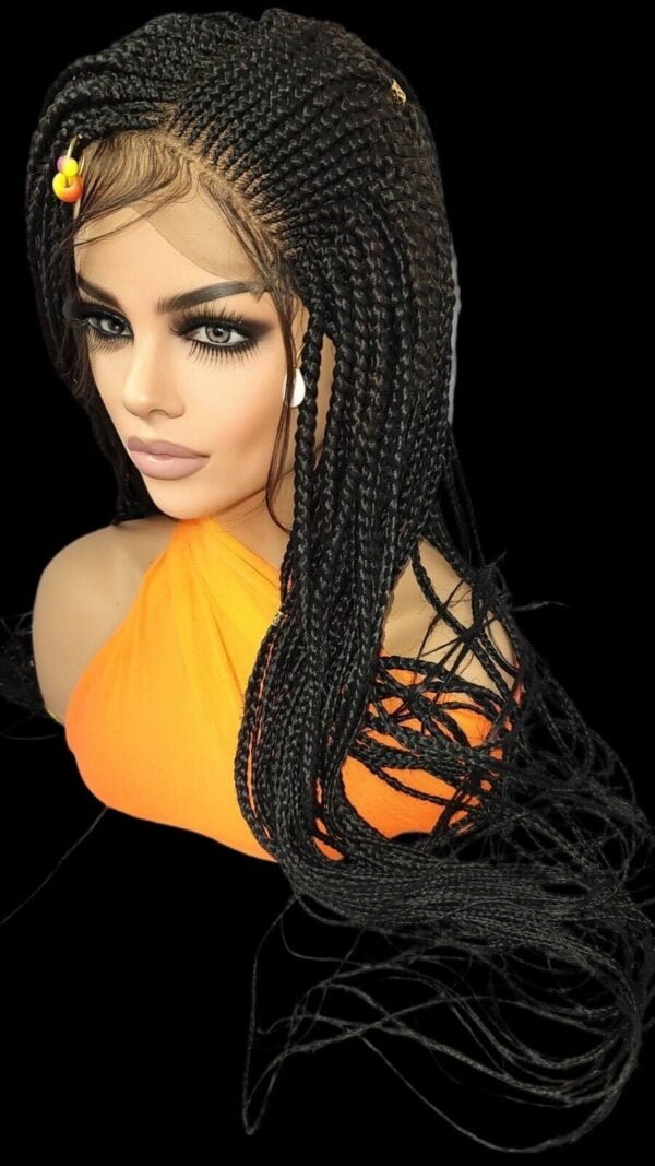 "Handcrafted 100% Full Lace Braided Wig - Jet Black, Long with Baby Hair, NWT