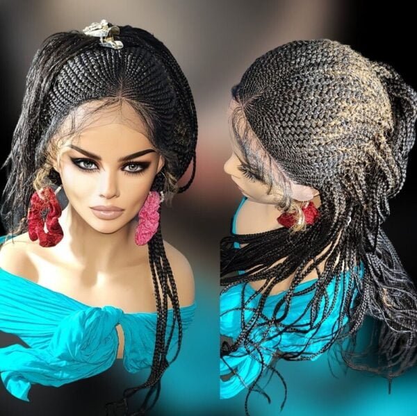 100% Handmade Braided Lace Wig - Long Cornrow Style, Natural Look, Comfort Fit"
