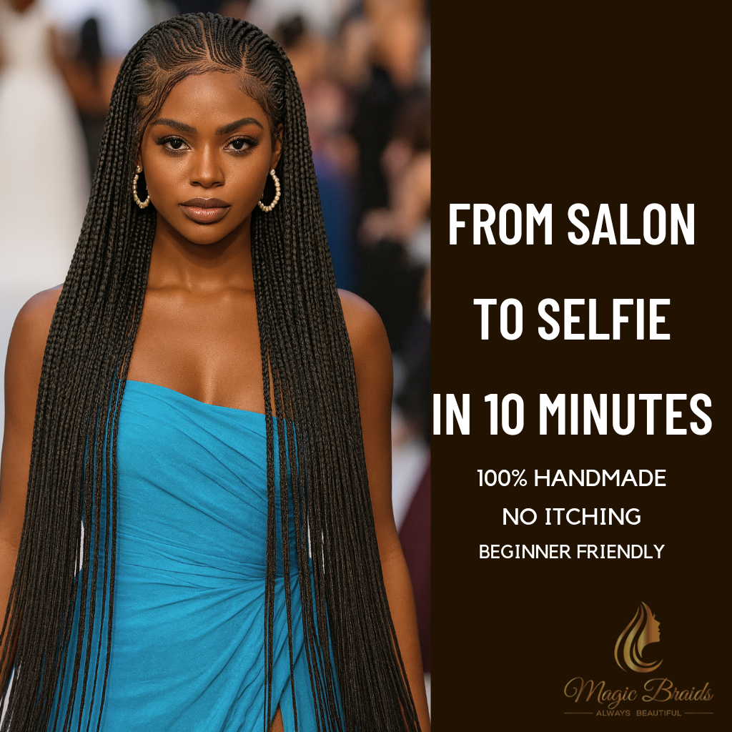 The Hip-Length Elegance- Jet Black Micro Braid Wig | Handmade by Magic Braids