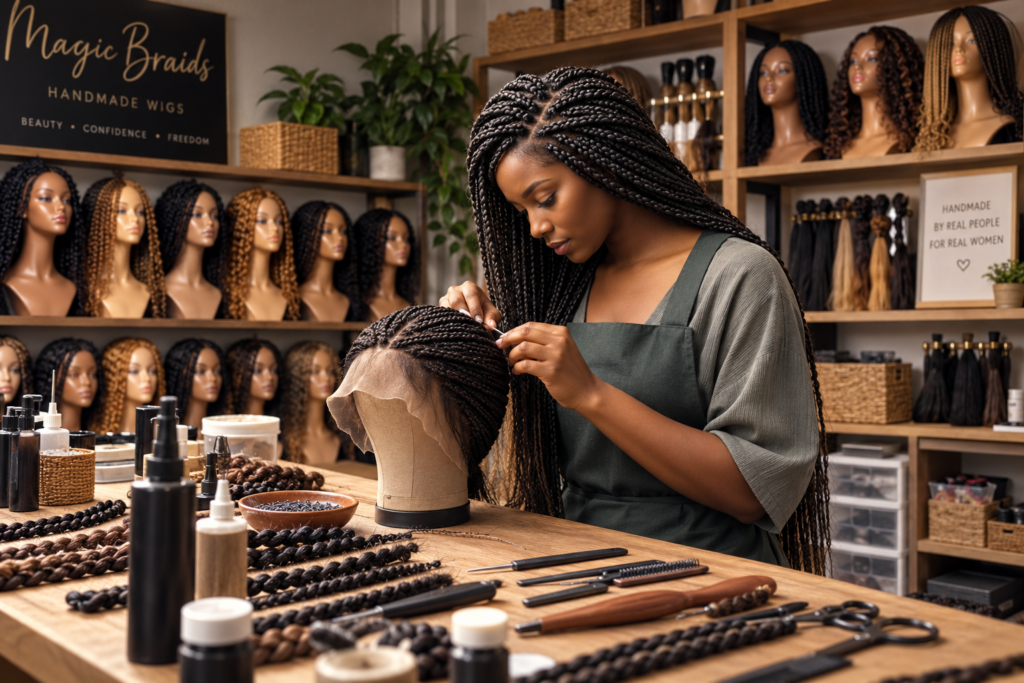 Black woman wearing a polished braided wig in a modern professional setting for an easy protective hairstyle