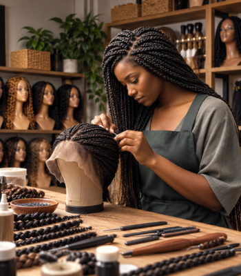 Black woman wearing a polished braided wig in a modern professional setting for an easy protective hairstyle