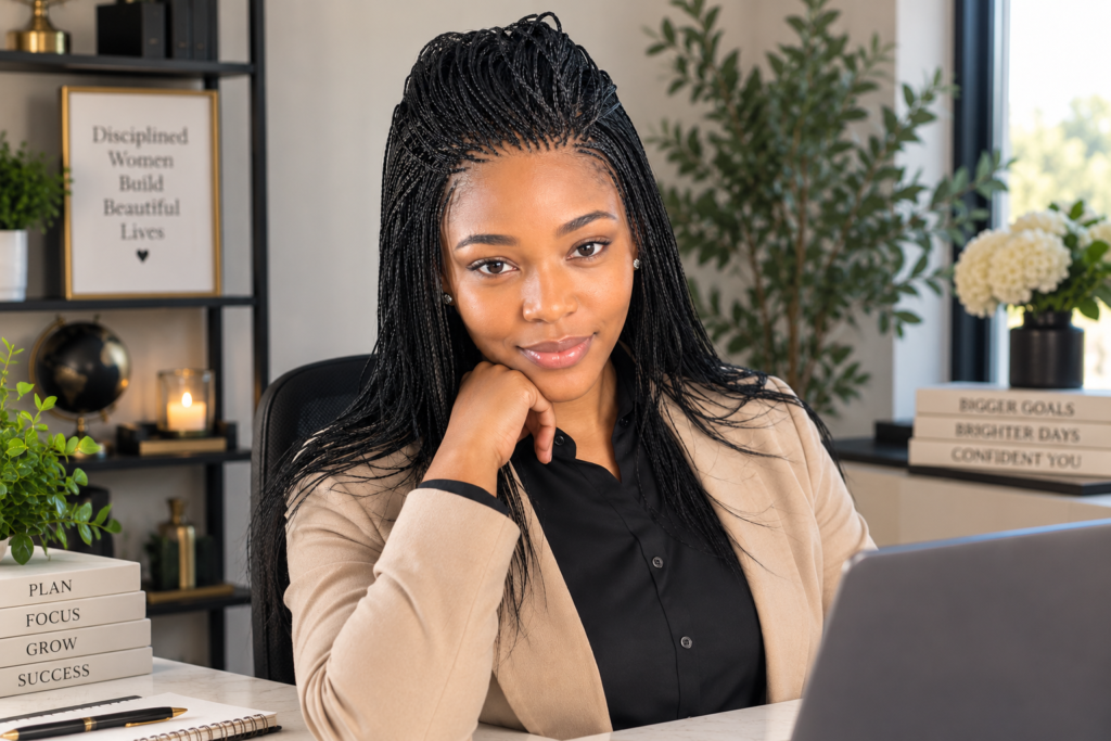 Black professional woman wearing a neat half-up micro-braided wig for an easy low-maintenance workday hairstyle