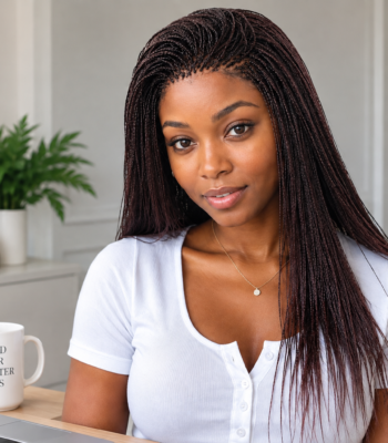 Black woman wearing long micro braids in a polished professional setting as a protective hairstyle for a busy schedule