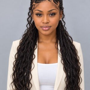 AMARA Full Lace Feed-In Cornrow Wig with Boho Curls – 22" #1B
